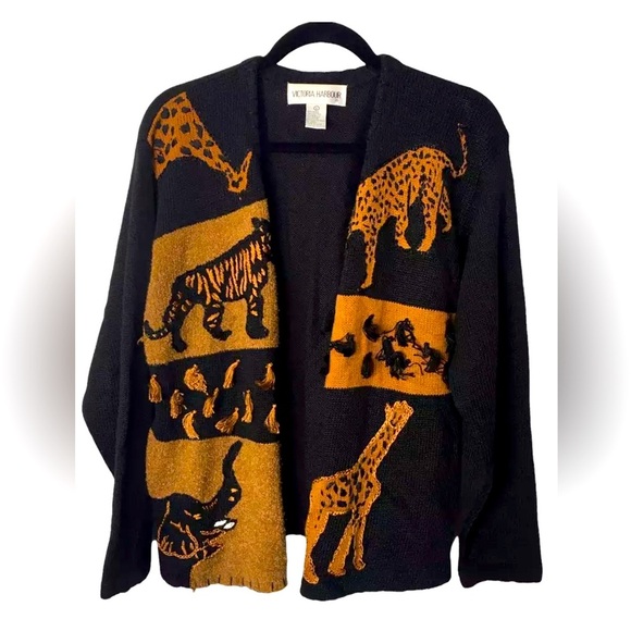 Victoria Harbour Cardigan Size Medium Sweater Black Brown Animal Print Vintage - Picture 1 of 8